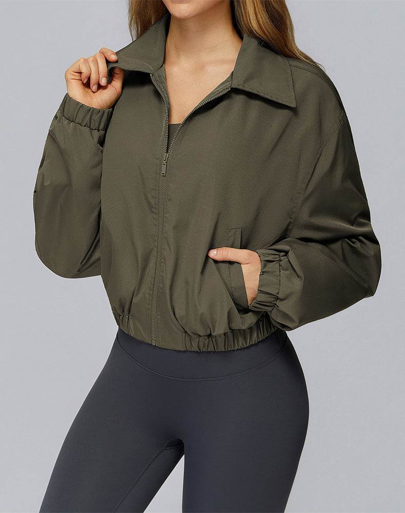 Stand Collar Casual Jacket Long Sleeve Tight Hem Crop Tops -
