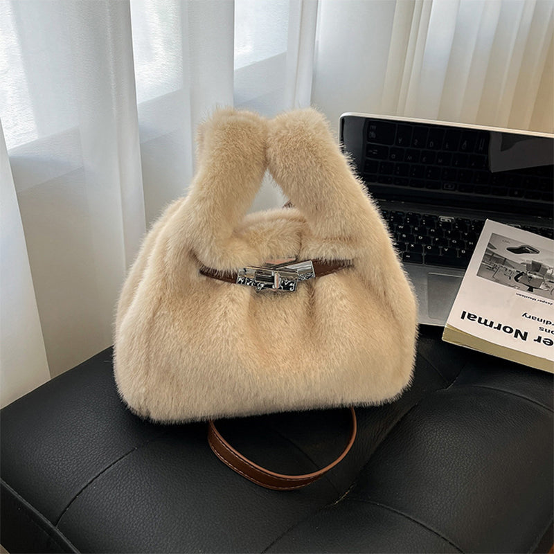 Fuzzy Shoulder Handbag Fluffy Plush Bucket Crossbody Bag