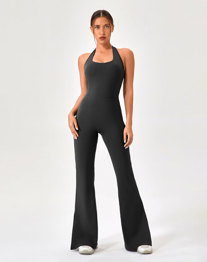 Halter Neck Flare Jumpsuit One Piece Side Split Yoga Rompers