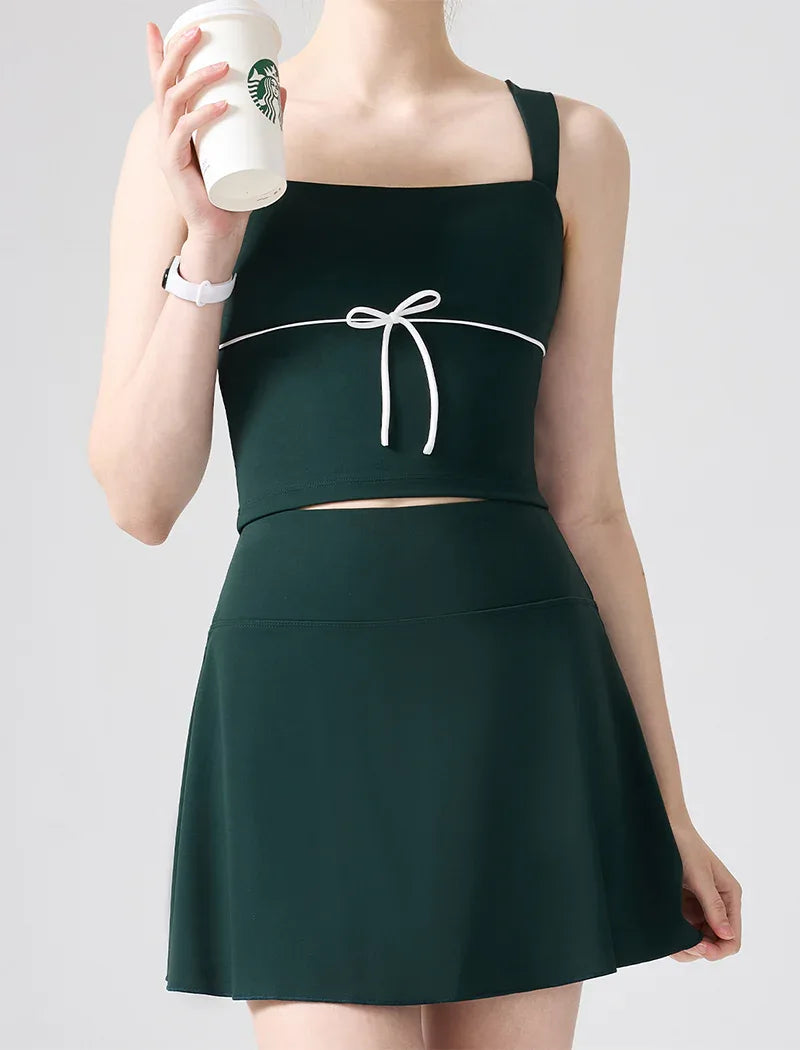 Color Blocked Tennis Sets with Open Back Tank Top and Skirt -