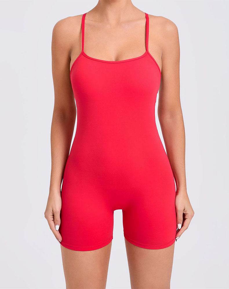Criss Cross Short Bodysuit One Piece Yoga Jumpsuit - Red