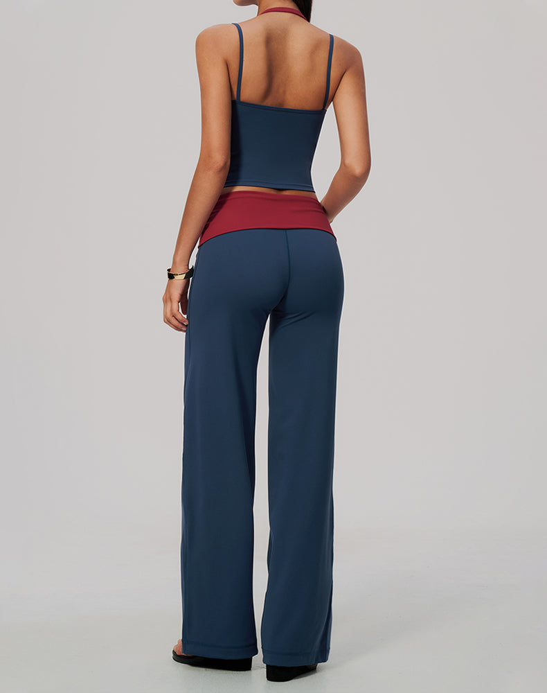 2 Piece Color Block Tank Top and Fold Over Flare Pant Sets