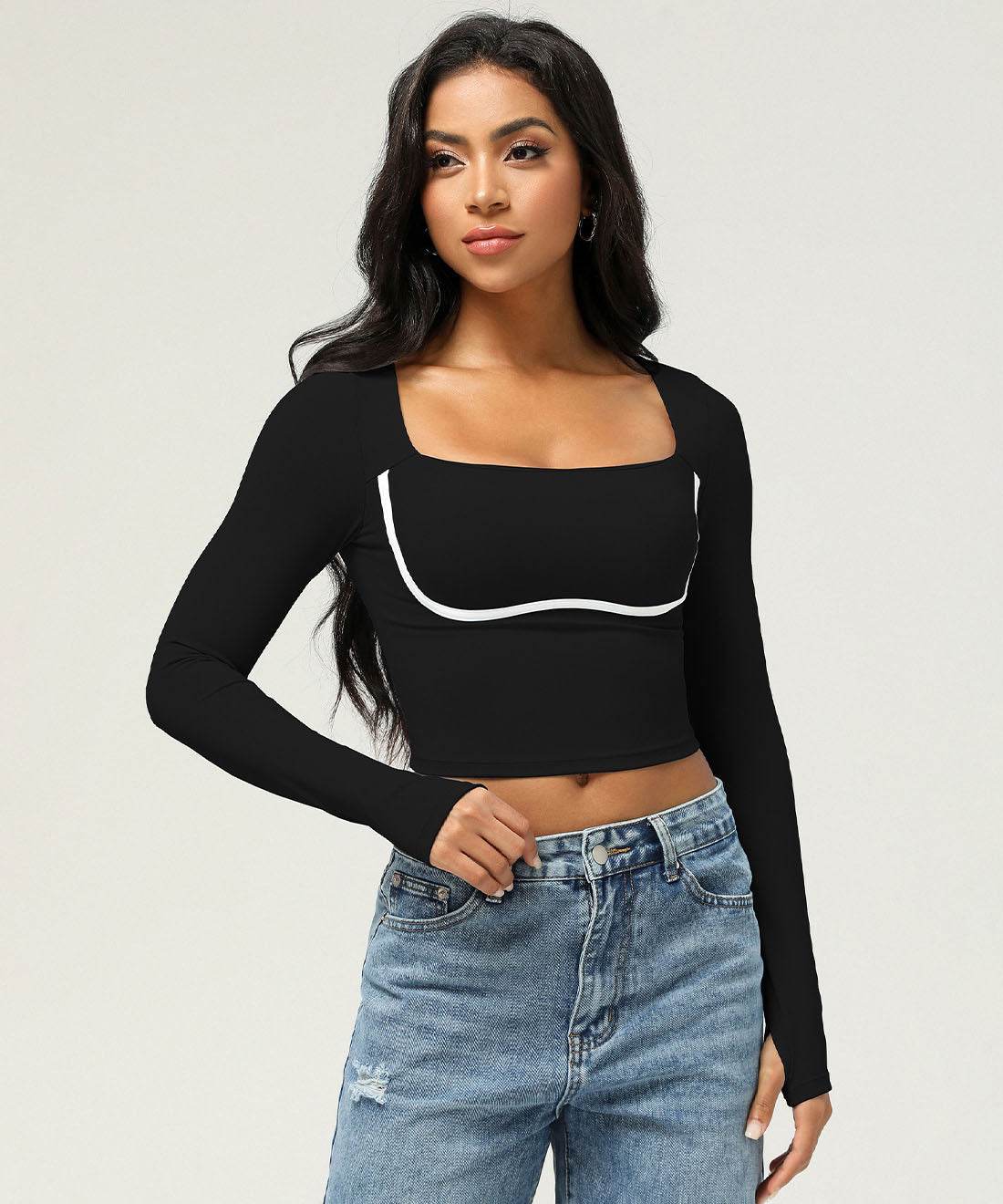 Square Neck Long Sleeve Slim Fitted Crop T-Shirt