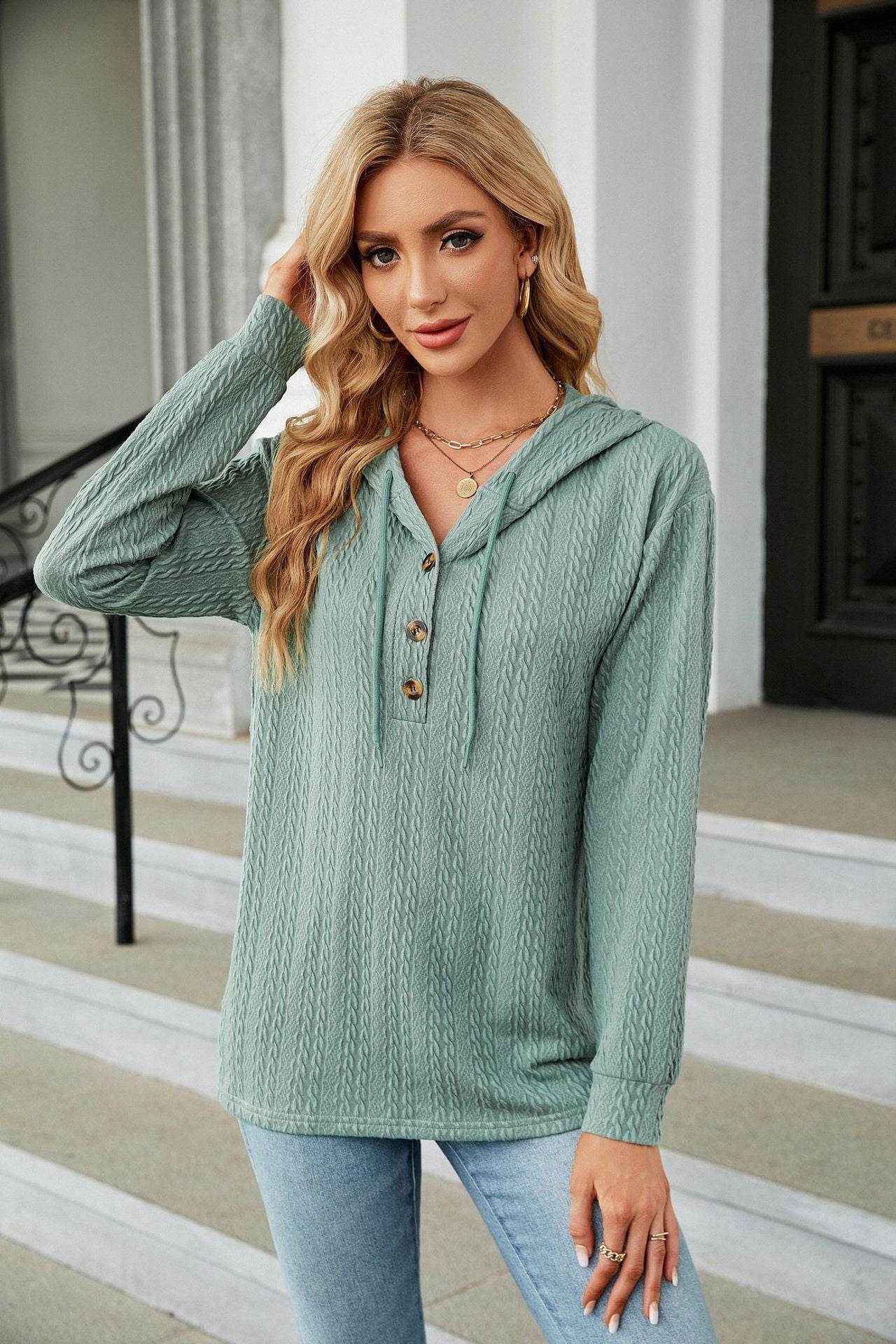 Button Hooded Sweatshirt Loose Long Sleeve Casual Tops