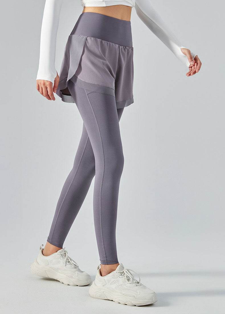 False Two Pieces Sports Leggings with Pockets Shorts