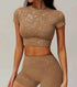 Short Sleeve Yoga Cropped T-Shirt With Gold Blocking Pattern