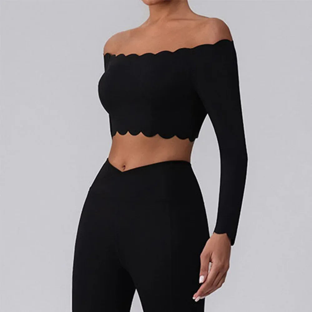 Off Shoulder Crop Tops Long Sleeve Shirt with Removable Cups -