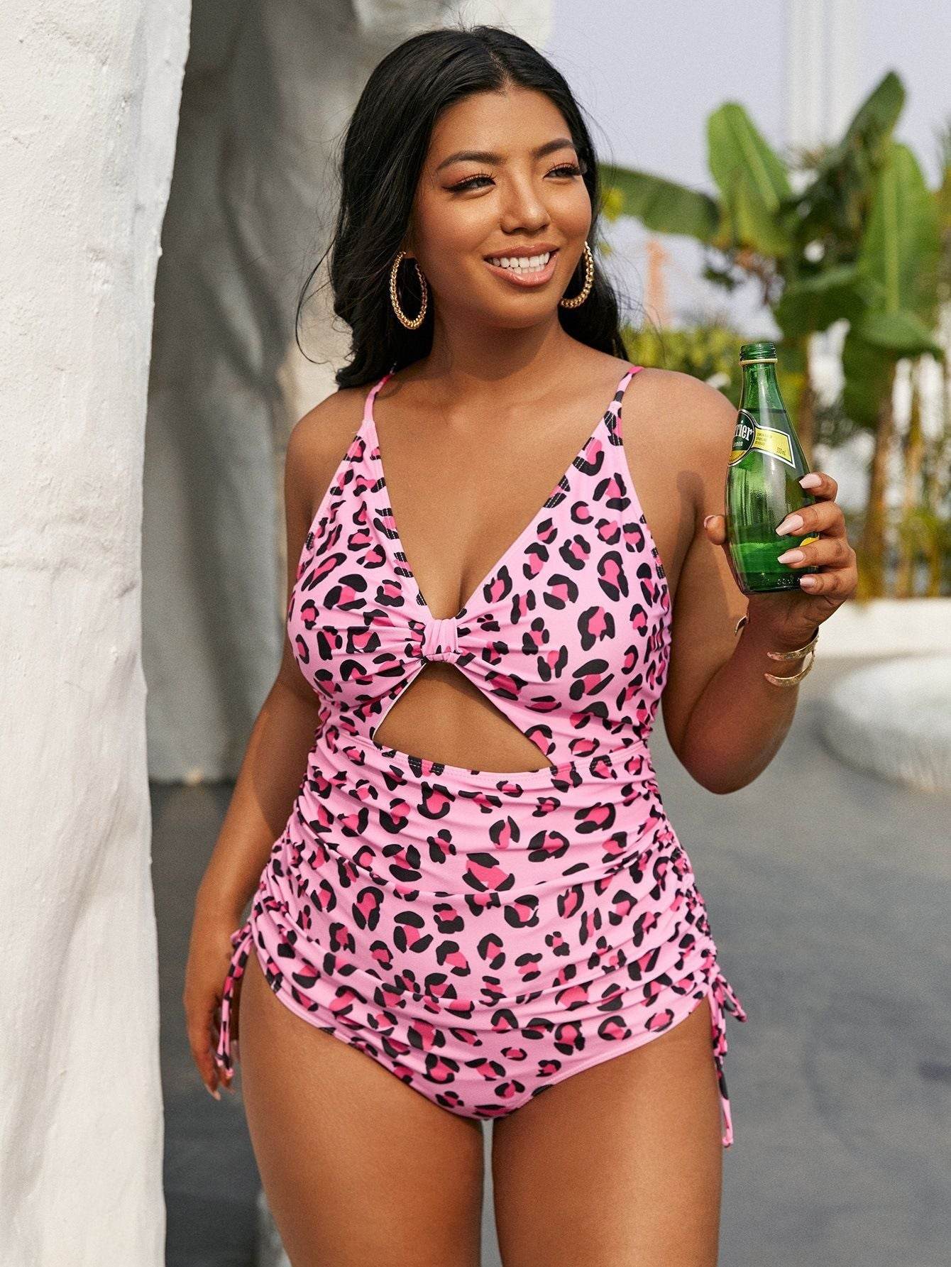 Plus Size Leopard Print Cutout Drawstring One Piece Swimsuit