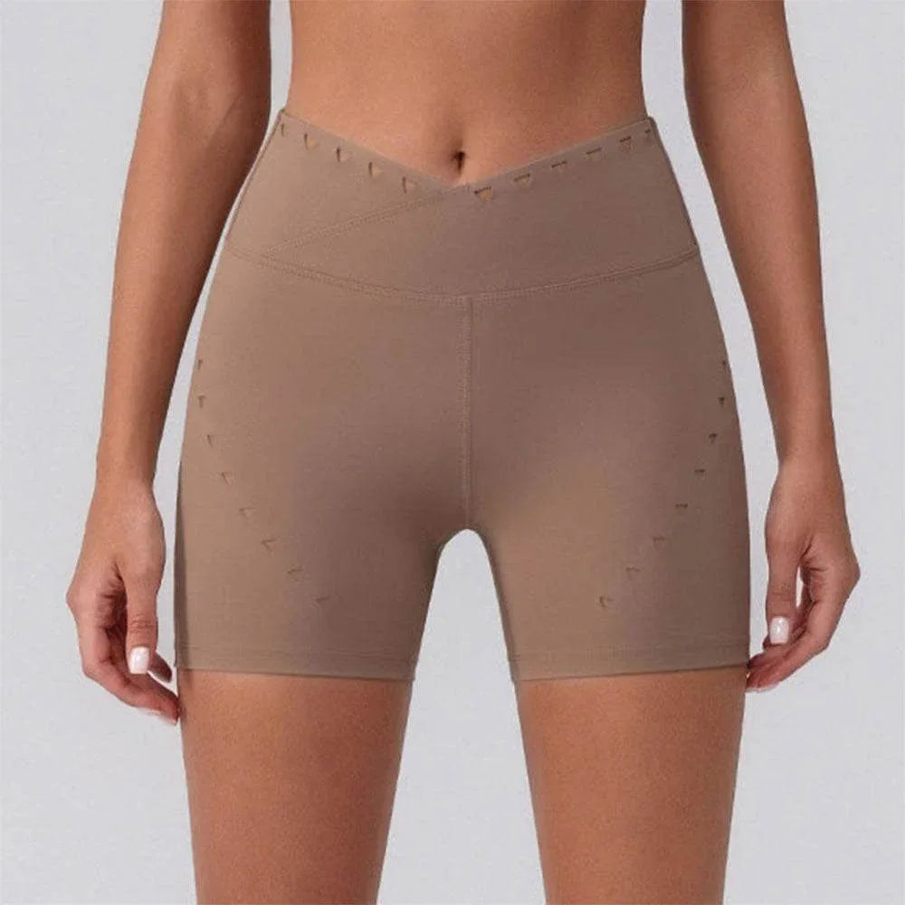 High Waist Tummy Control Hollow Out Yoga Shorts - Khaki