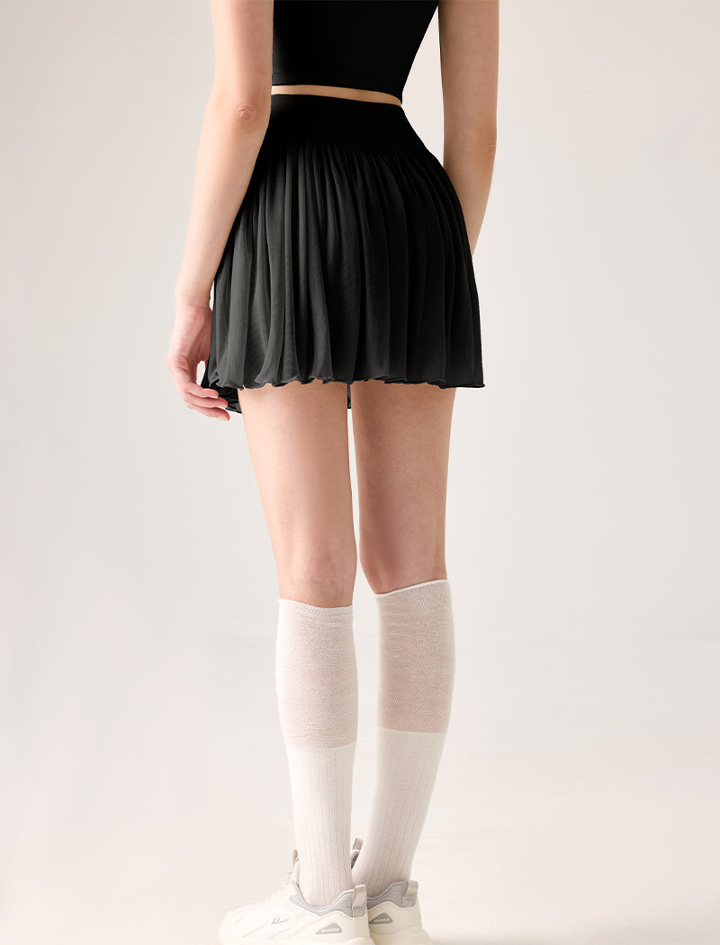 Mesh Sheer Pleated Skirt Tulle Skirt with Short and Pocket