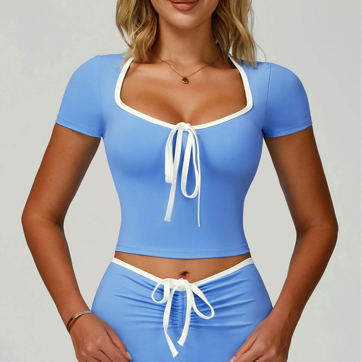 Short Sleeve Bow Sport Crop Tops Color Block Tees