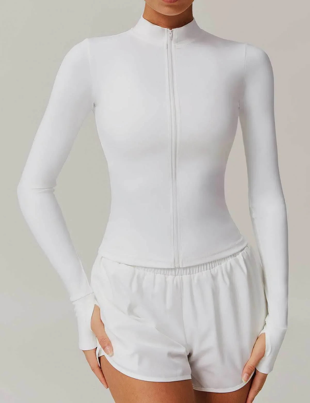 Long Sleeve Sports Jacket With Finger Sleeve - White