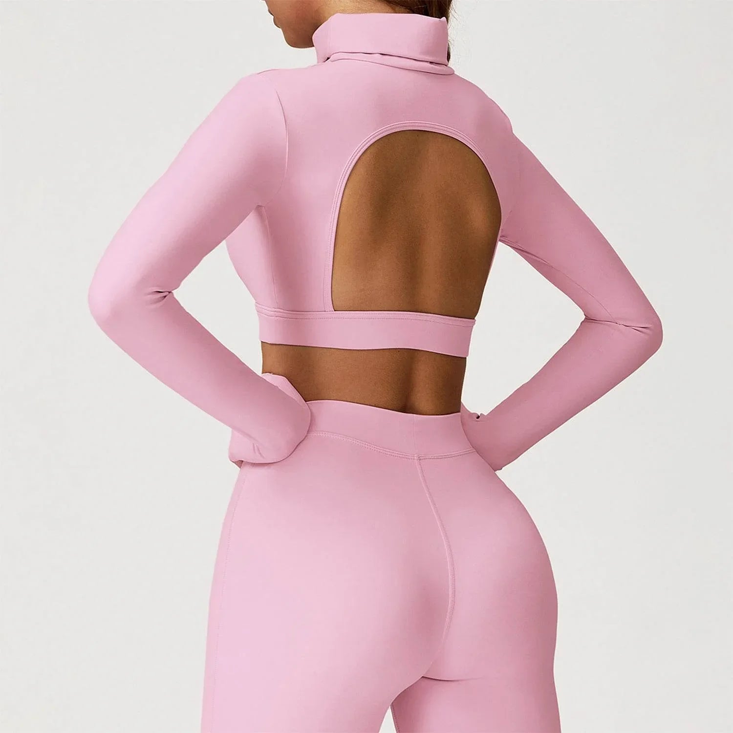 Backless Turtleneck Crop Top Long Sleeve Yoga T-Shirt -