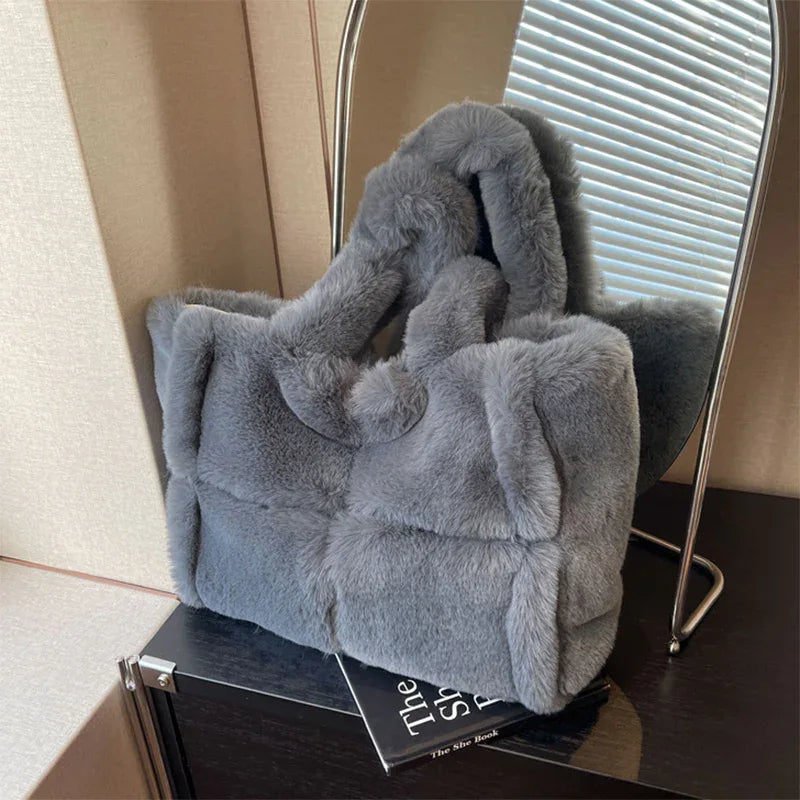 Winter Soft Plush Shoulder Handbag Bag Large Fluffy Tote Bag - Gray