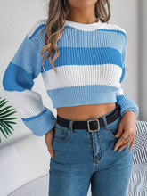 Colorblock Lantern Sleeve Crop Pullover Sweater