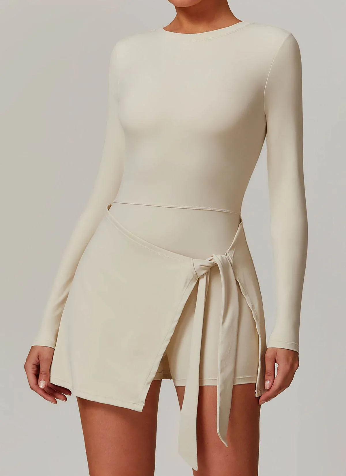 Long Sleeve Tennis Jumpsuit Dress With Shorts - Oatmeal Apricot