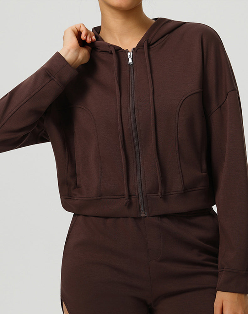 Long Sleeve Hooded Zip Up Casual Crop Coat with Pockets