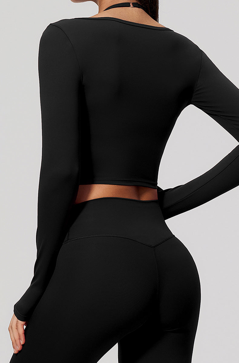 Long Sleeve Twist Front Crop Wrap Top with Sports Bra