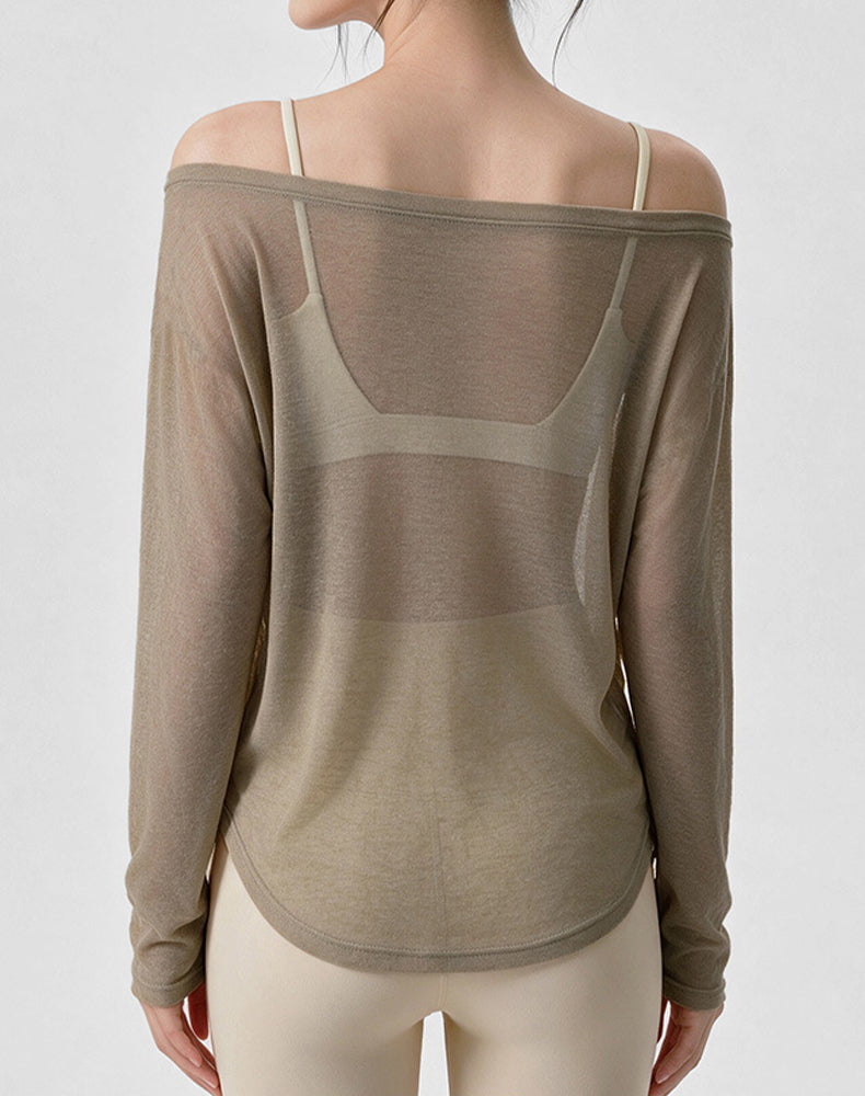 Off Shoulder Long Sleeve Sheer Mesh Yoga Tops