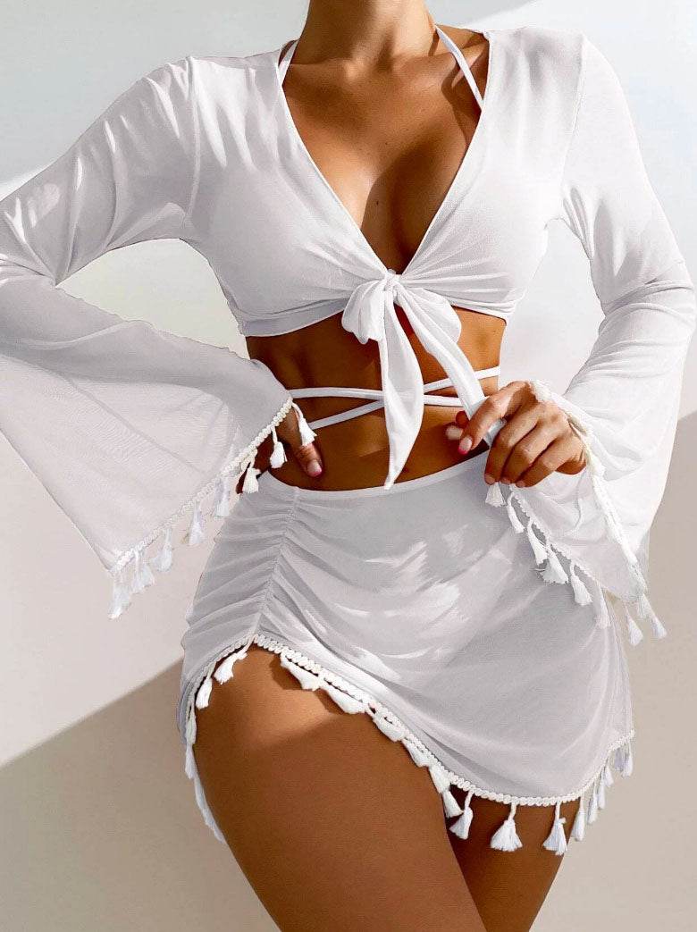 4 Piece Triangle Bikini Sets with Cover Up Top and Skirt - White