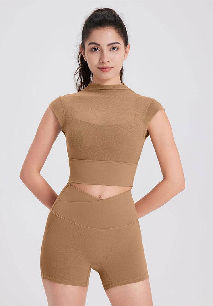 Mesh Yoga Crop T-Shirts with Built-in Chest Pad