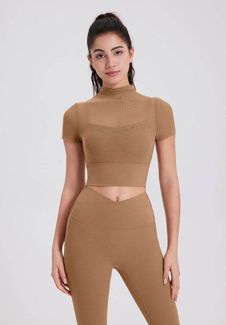 Mesh Fitness Crop T-Shirts with Built-in Chest Pad - Desert Yellow