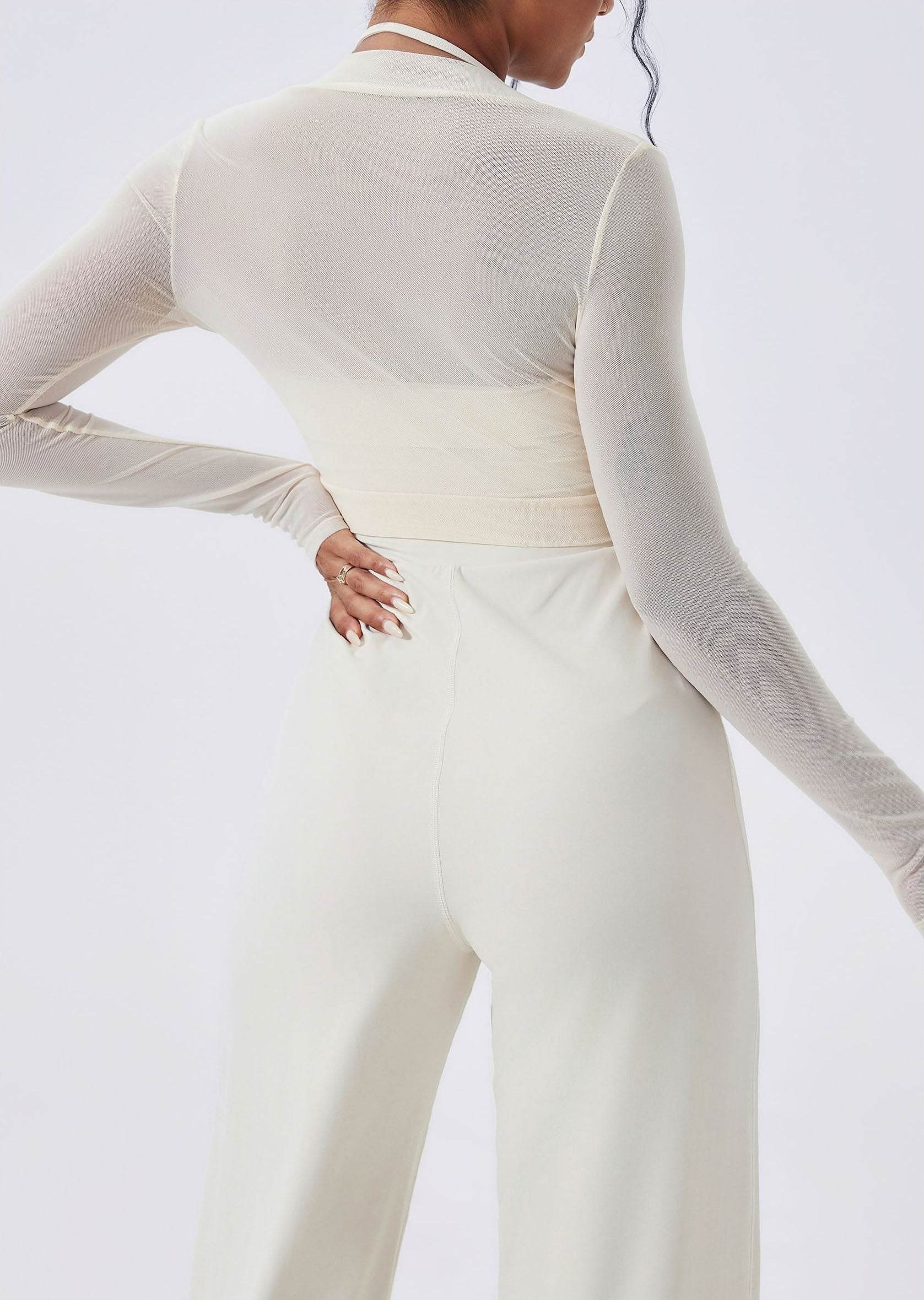 Deep V Long Sleeve Mesh Yoga Crop Tops Slim Fitted Shirts