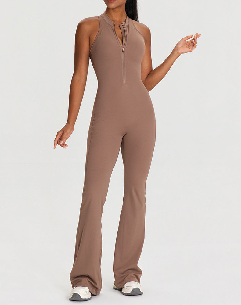 Zipper Racerback Yoga Bodysuit Flare Jumpsuit with Pockets