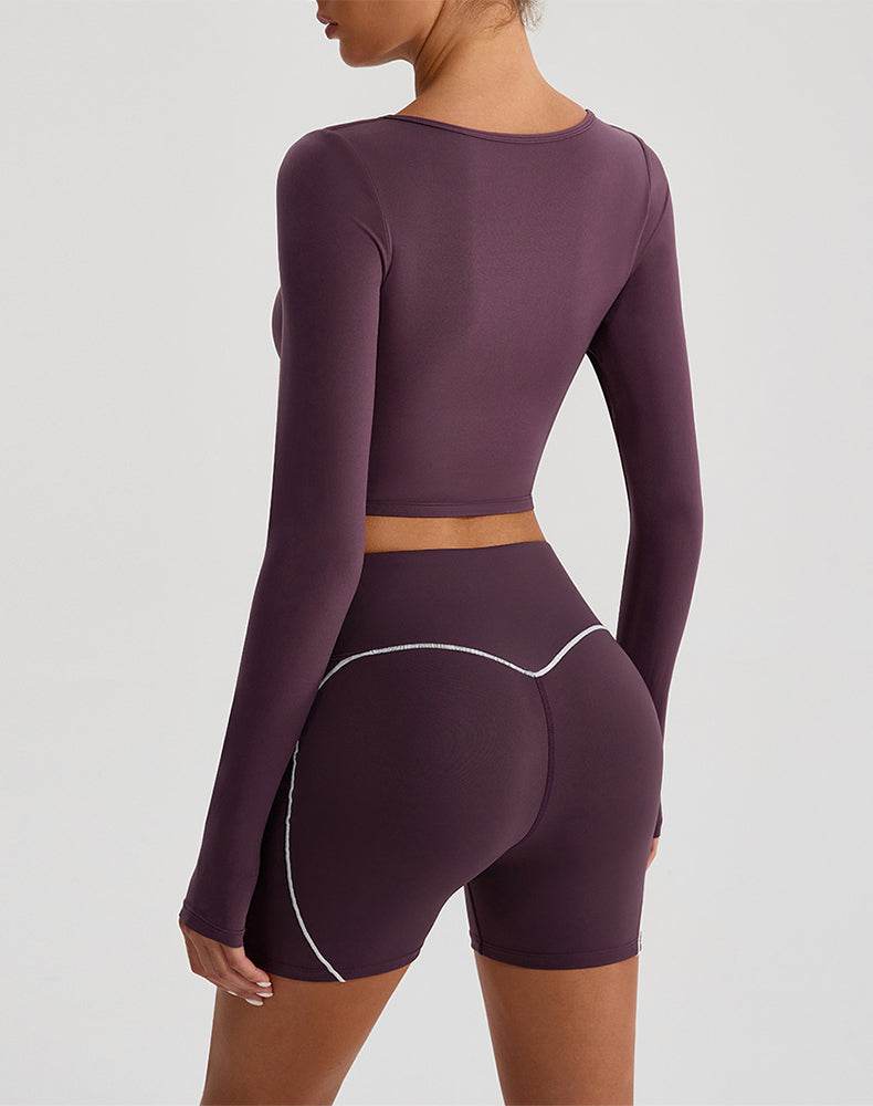 Solid Color Crop Top Yoga Long Sleeve V Neck T-Shirts