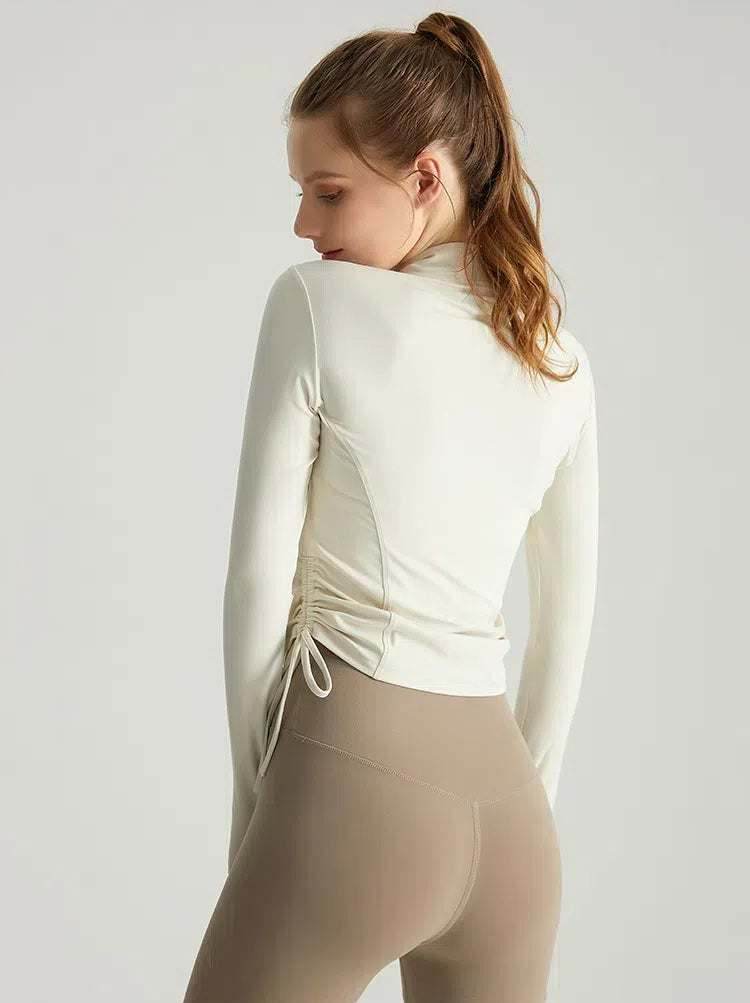 Long Sleeve Standing Collar Fitness T-Shirt With Drawstring