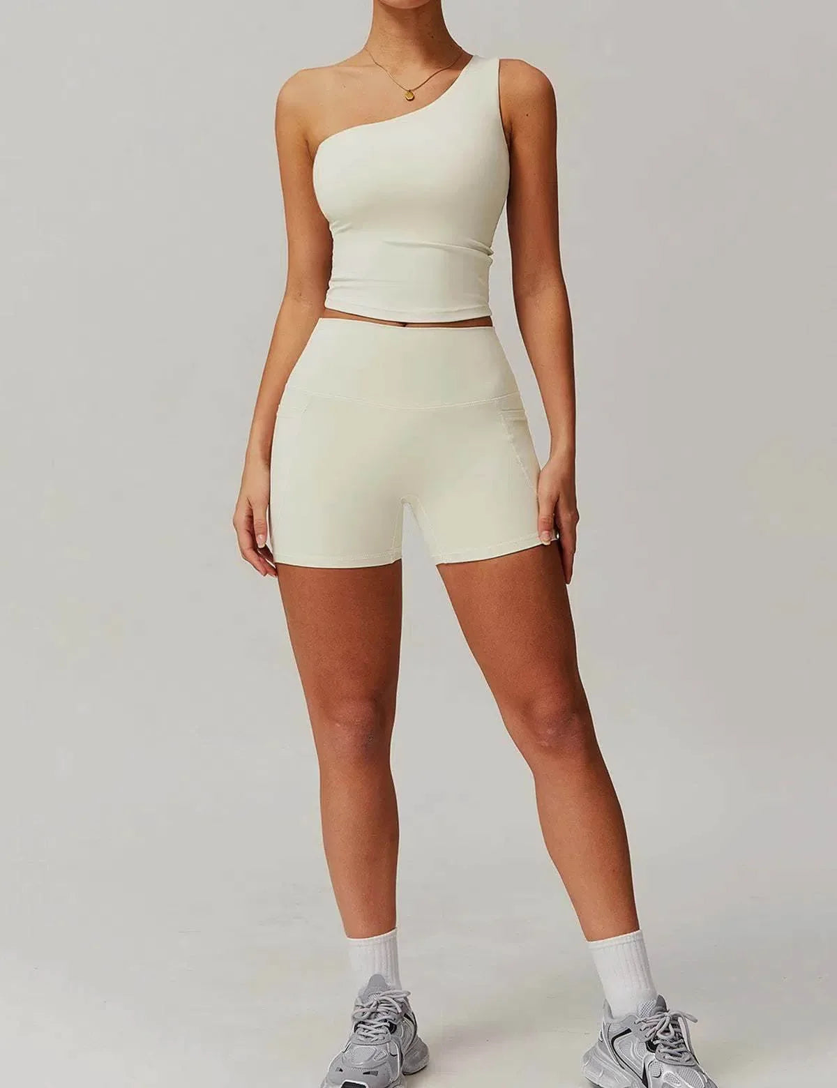 Solid Yoga Set with One Shoulder Tank Top and Short - Cream Apricot