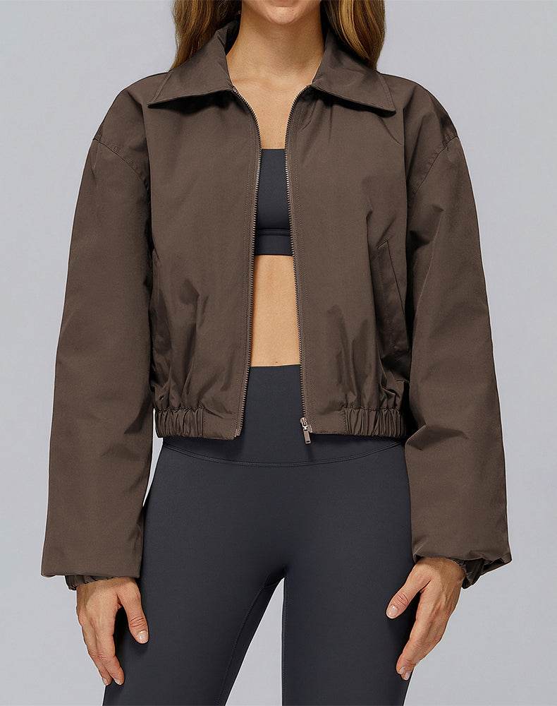 Stand Collar Casual Jacket Long Sleeve Tight Hem Crop Tops -