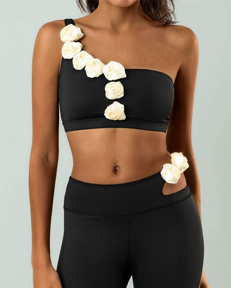One Shoulder Yoga Bra With Flowers