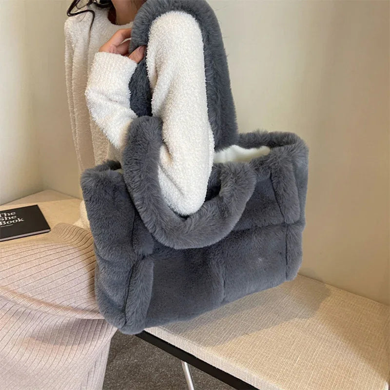 Winter Soft Plush Shoulder Handbag Bag Large Fluffy Tote Bag -