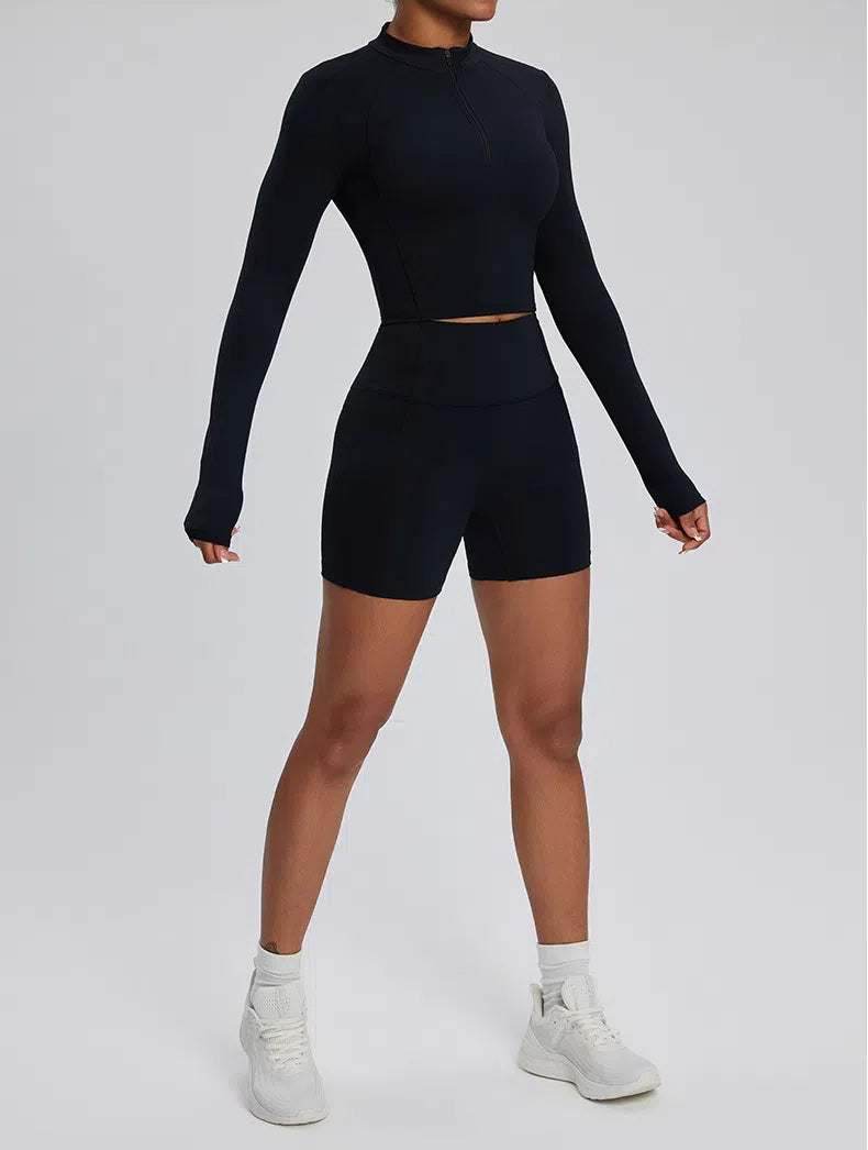 High Waist Fitness Set With Long Sleeve Shirt & Short