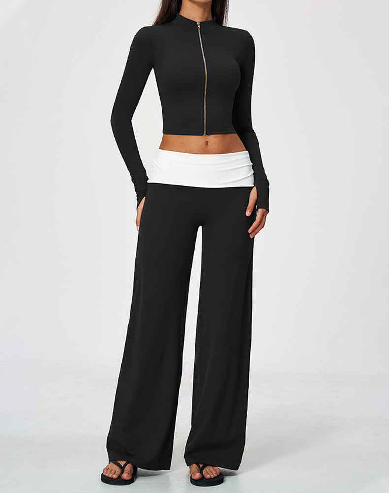 2 Piece Full Zip Cropped Jacket and Fold Over Flare Pant