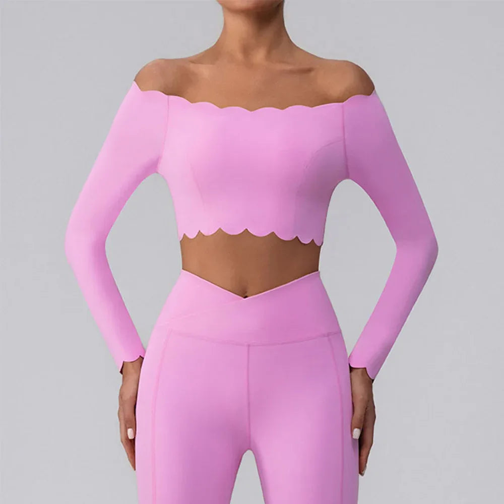 Off Shoulder Crop Tops Long Sleeve Shirt with Removable Cups - Pink