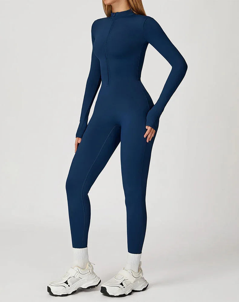 Long Sleeve Workout Jumpsuit Zip Up One Piece Bodysuit -