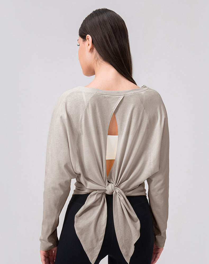 Tie Open Back Long Sleeve Mesh Yoga Tops