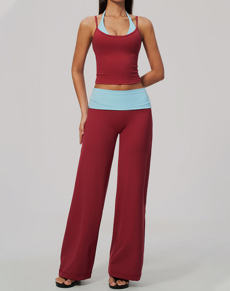 2 Piece Color Block Tank Top and Fold Over Flare Pant Sets