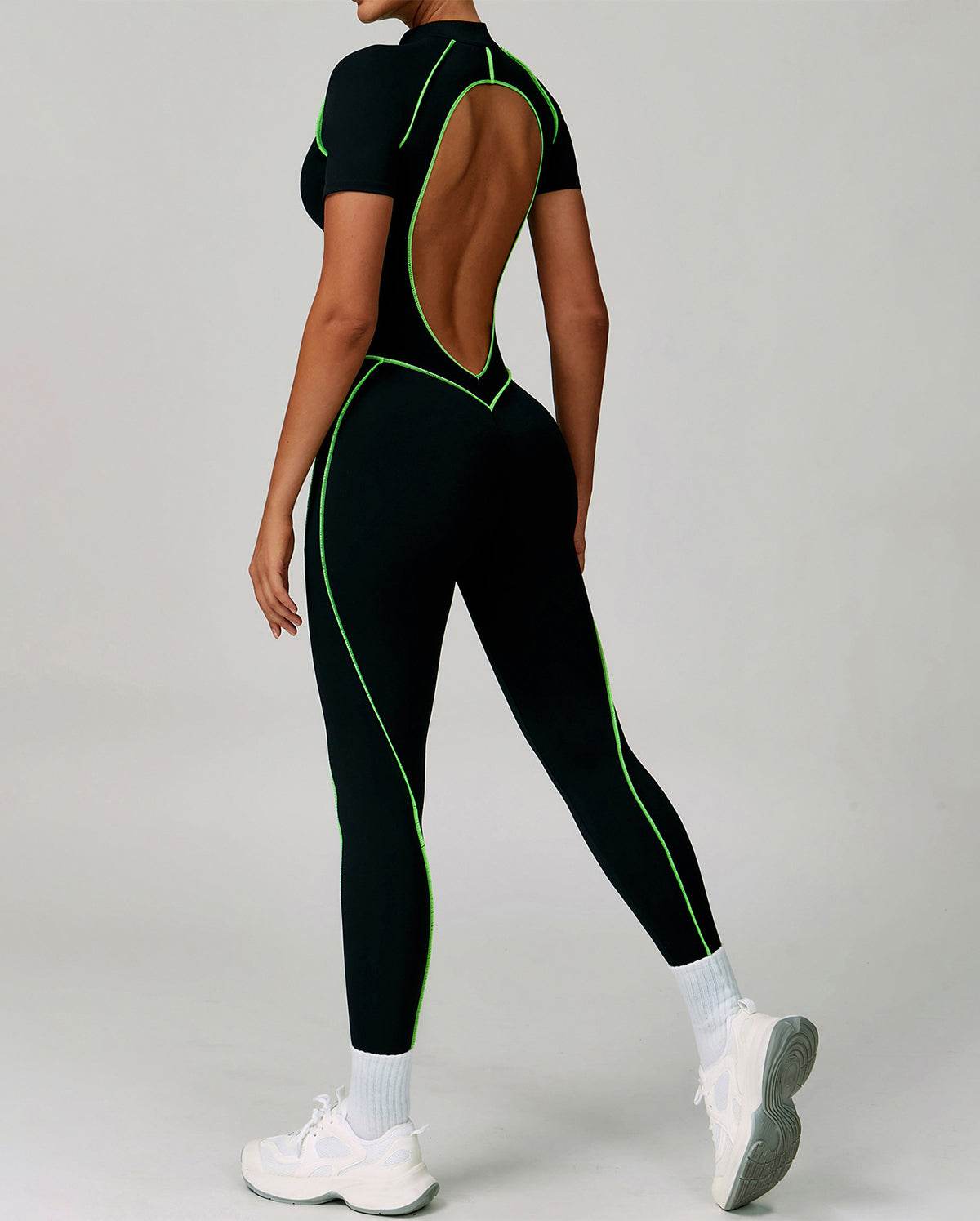 Three Dimensional Line Sports Backless Short Sleeve Jumpsuit
