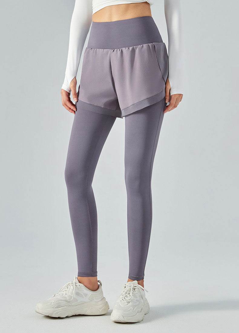 False Two Pieces Sports Leggings with Pockets Shorts