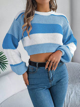 Colorblock Lantern Sleeve Crop Pullover Sweater