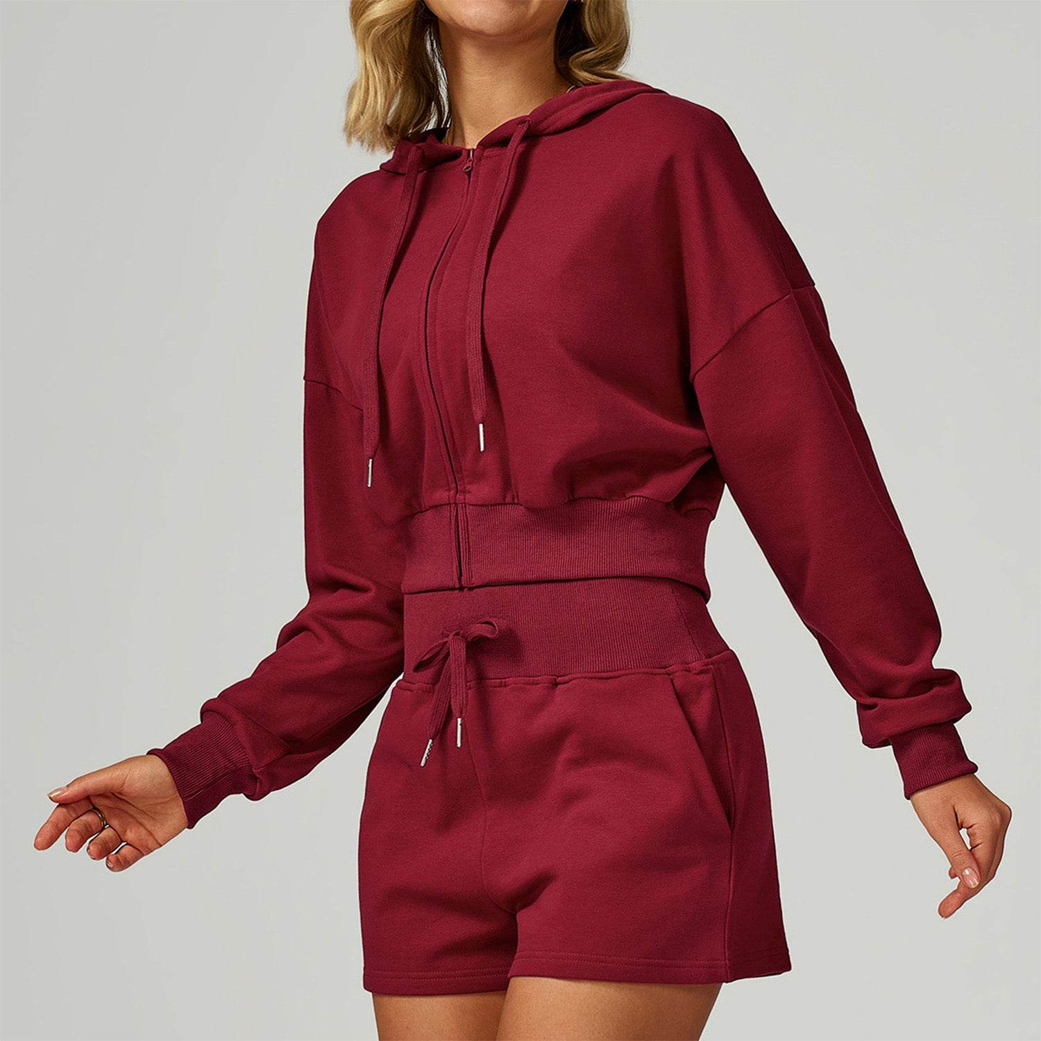 Long Sleeve Full Zip Up Crop Drawstring Hoodie Jacket