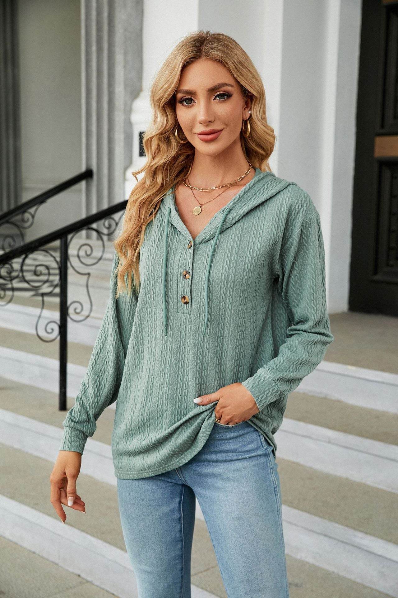 Button Hooded Sweatshirt Loose Long Sleeve Casual Tops