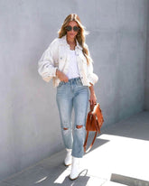 Denim Spliced Waffle Knit Cropped Jacket