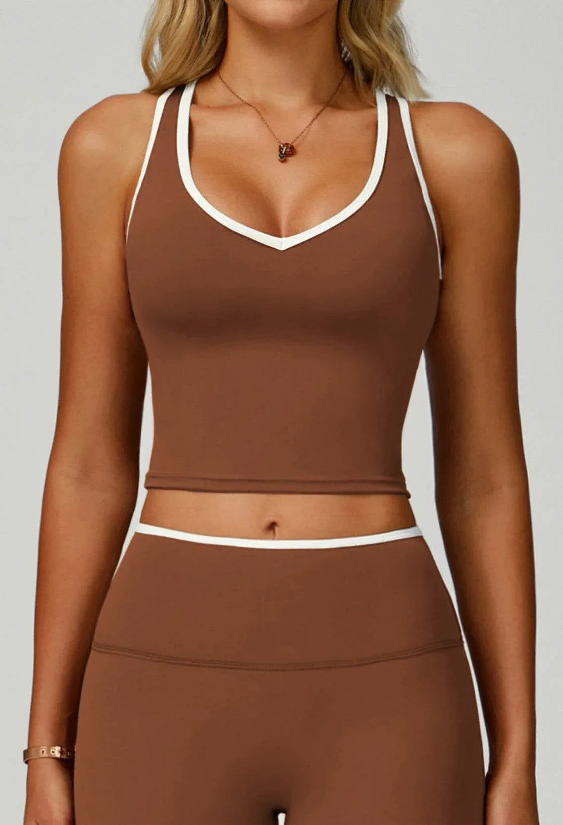 V Neckline Racerback Sports Tank Top - Birch Brown