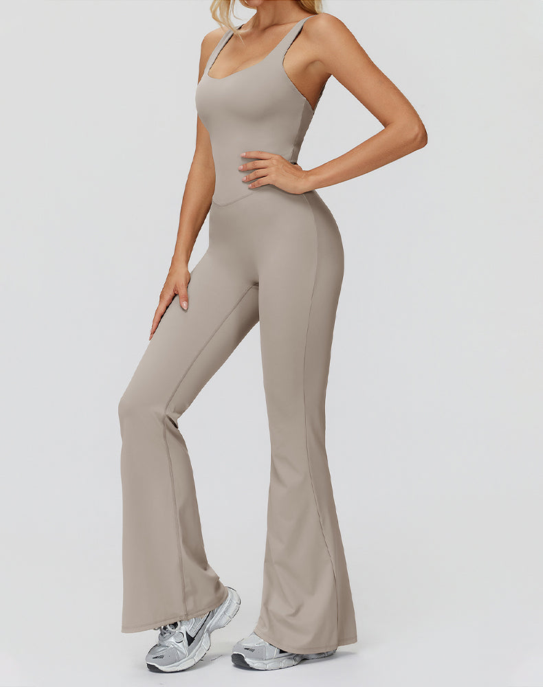 Cross Back One Piece Jumpsuit Yoga Flare Leg Rompers