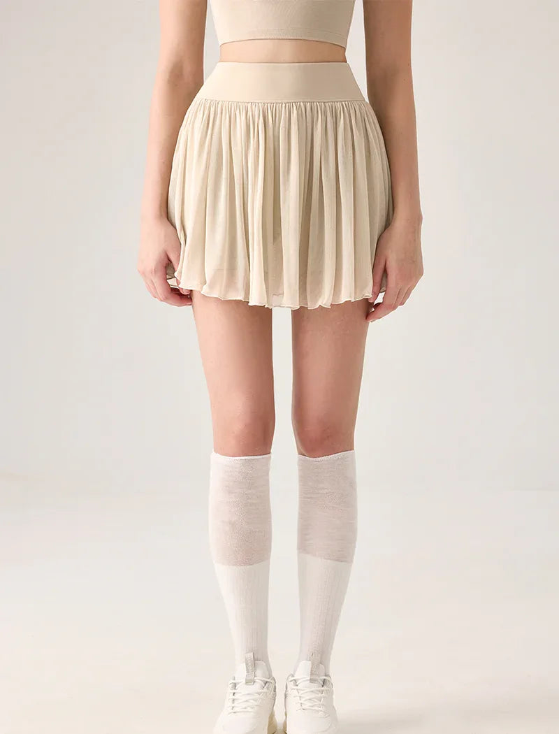 Mesh Sheer Pleated Skirt Tulle Skirt with Short and Pocket