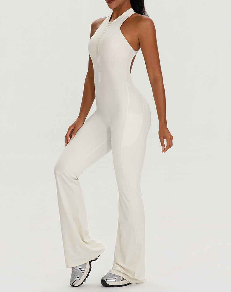 Zipper Racerback Yoga Bodysuit Flare Jumpsuit with Pockets